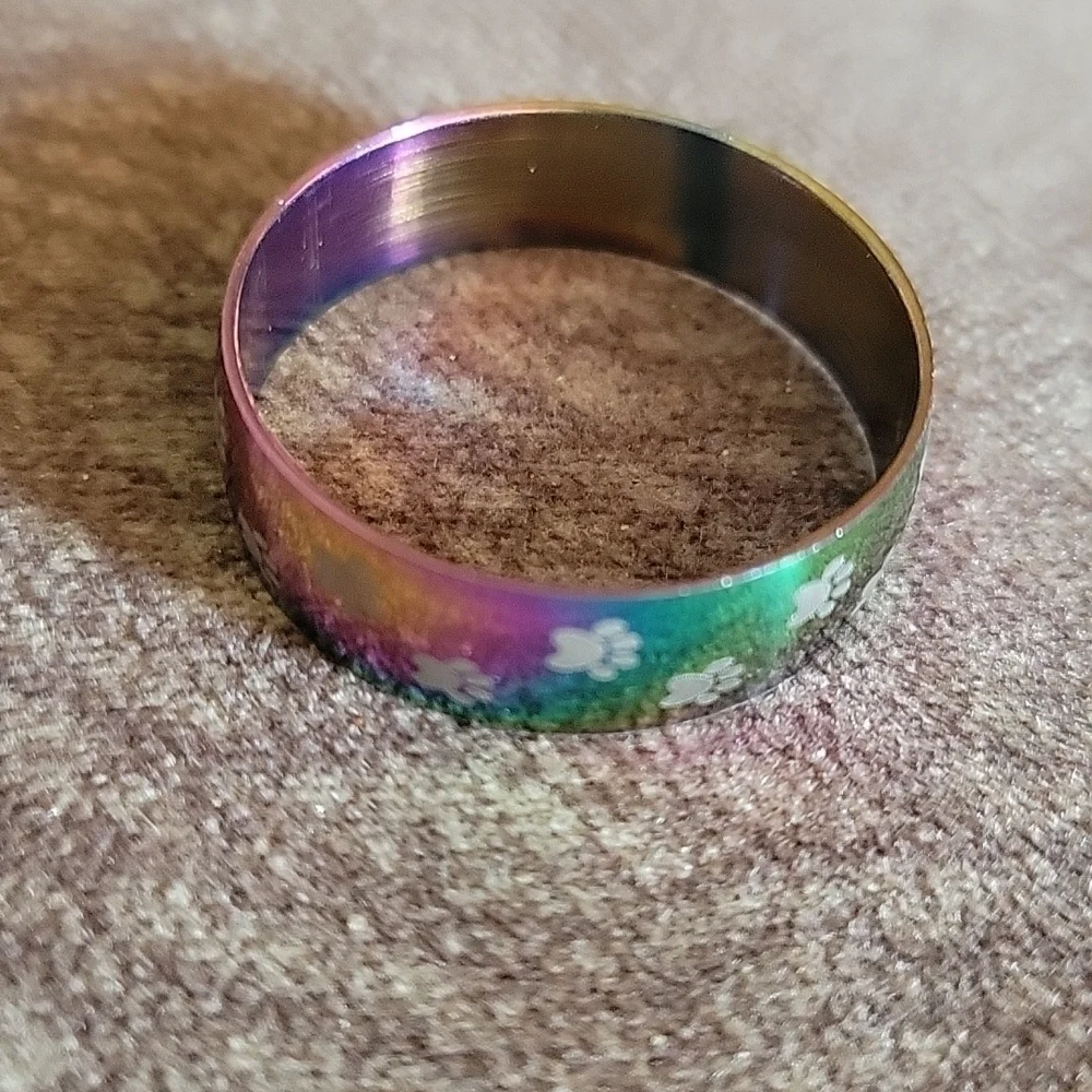 3/$30 Oil Spill Rainbow Paw Print Stainless Steel Kidcore Ring